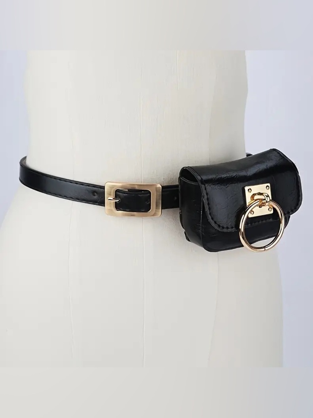 Lux mini bag Black Leather Belt Bag with Gold Ring Accent